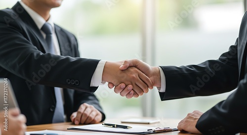 Business partnership meeting. Picture businessmans handshake. Successful businessmen handshaking after good deal. Horizontal, blurred background photo