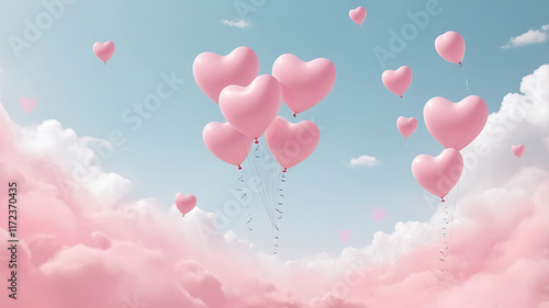Beautiful a pastel pink wallpaper with heart-shaped balloons in the colorful clouds sky background design.