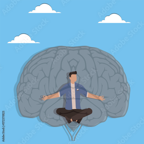 Dialectical Thinking, Self-Denial and Affirmation, Psychology, Philosophy and Thinking, Wisdom, Problem Solving, Businessman Sitting Cross Legged in the Middle of a Mirror Brain Thinking