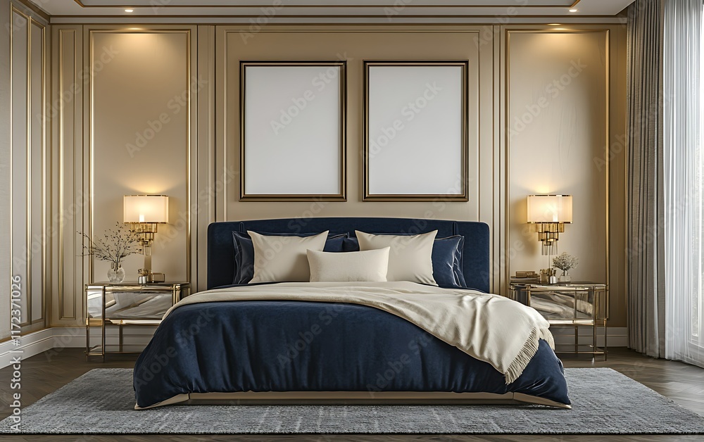 Luxurious bedroom interior design, elegant gold and blue decor, large bed, calm background, ideal for home decor magazines. Luxurious bedroom interior design, elegant gold and blue decor, large bed, calm background, ideal for home decor magazines.