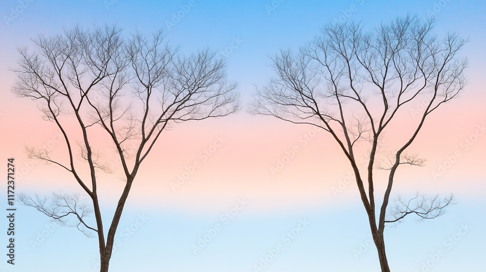 Bare Trees Silhouetted Against a Colorful Gradient Sky at Dusk Bare Trees Silhouetted Against a Colorful Gradient Sky at Dusk