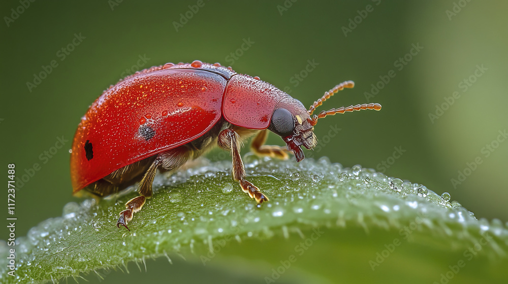 red ladybug resting on dewy green leaf with droplets glistening red ladybug resting on dewy green leaf with droplets glistening