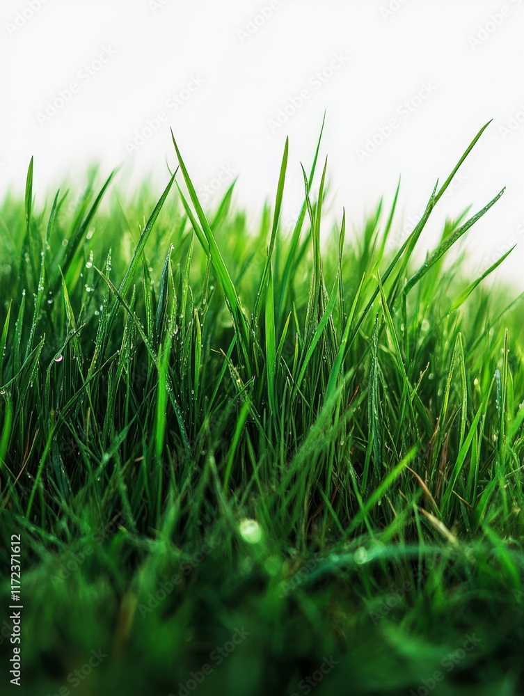 Fototapeta premium Close-up of vibrant green grass with dew drops, showcasing nature's beauty.