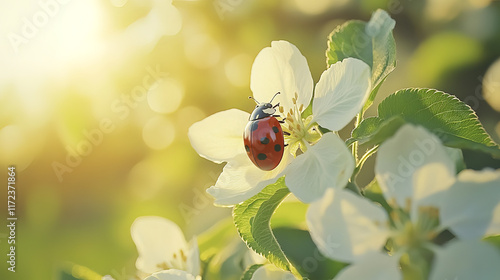 red ladybug resting on bright white apple flower in sunlight