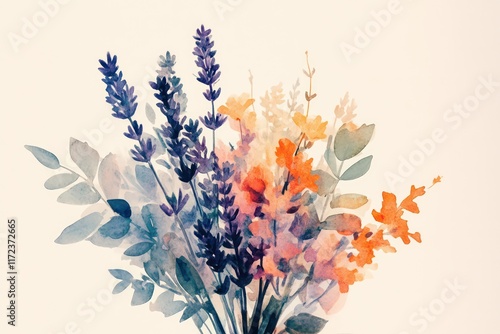 A nature-inspired lavender bouquet illustrated in watercolor, with a vintage botanical aesthetic.