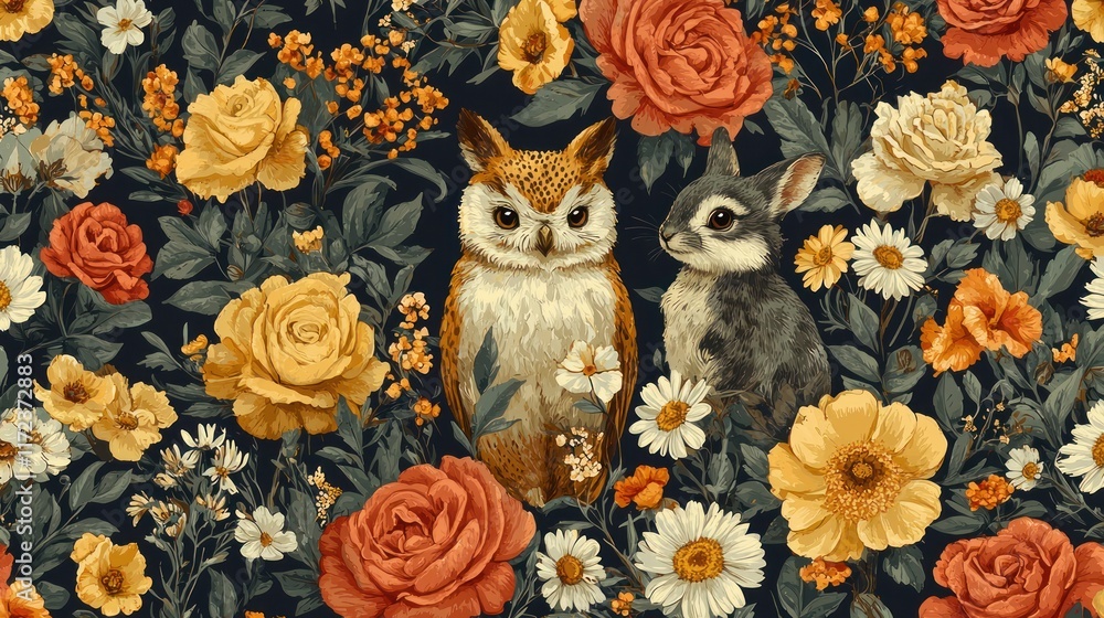 Floral pattern featuring an owl and a rabbit. Floral pattern featuring an owl and a rabbit.