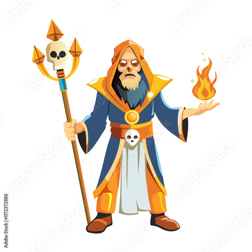 A flat style illustration of a dark sorcerer character 

