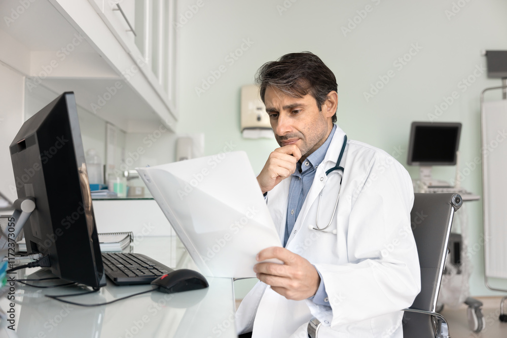 Focused Latin doctor man reading document carefully, reviewing paper medical report at workplace with computer, touching chin, thinking on records, history, diagnosis, prescription Focused Latin doctor man reading document carefully, reviewing paper medical report at workplace with computer, touching chin, thinking on records, history, diagnosis, prescription