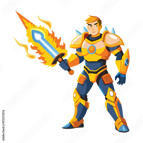 A flat style illustration of flaming swordsman 

