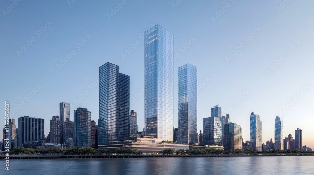 Modern skyscrapers reflecting in water at sunset. Modern skyscrapers reflecting in water at sunset.