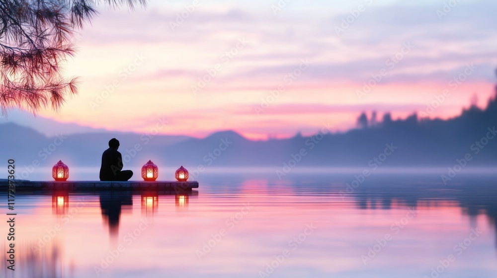 Serene sunset meditation by the water with lanterns. Serene sunset meditation by the water with lanterns.