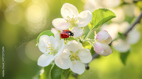 vibrant red ladybug perched on white apple flower, showcasing nature beauty