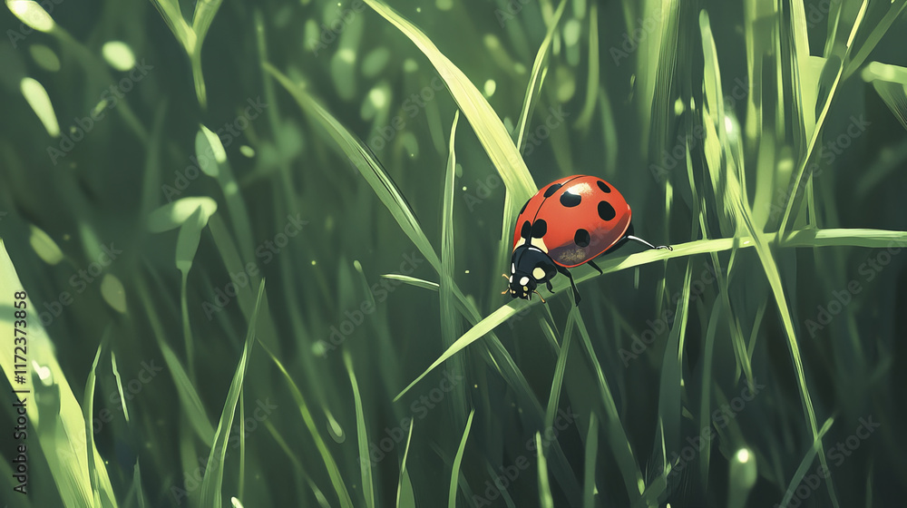 vibrant red ladybug rests on fresh green blade of grass, showcasing nature beauty vibrant red ladybug rests on fresh green blade of grass, showcasing nature beauty