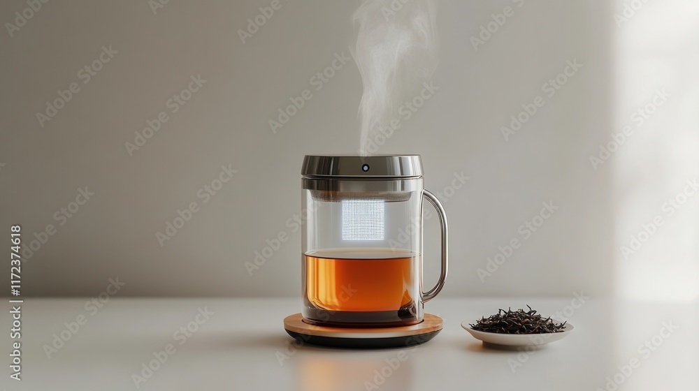 Steaming cup of tea with tea leaves on a white surface. Steaming cup of tea with tea leaves on a white surface.