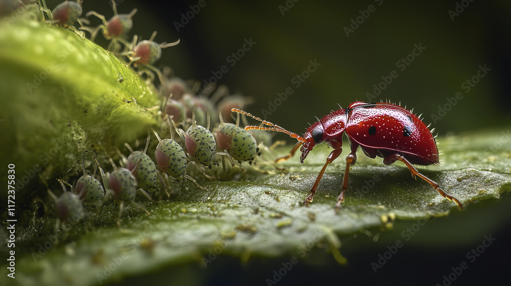 Naklejka premium Close up of ladybug hunting aphids on green leaf, showcasing nature balance