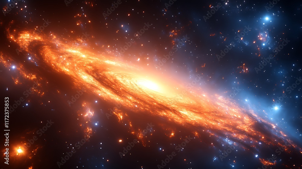 Fototapeta premium Fiery orange and blue spiral galaxy in deep space.