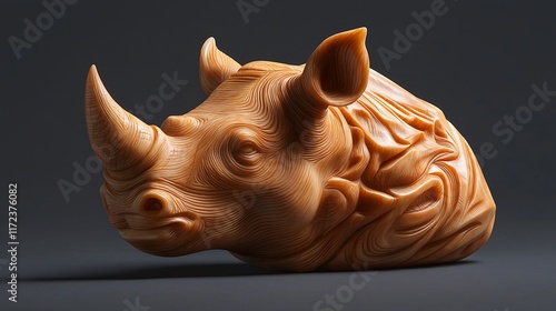 Carved rhino head, studio shot, dark background, art decor. photo