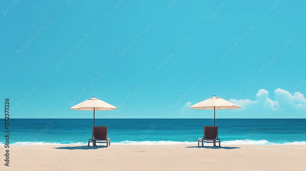 A serene beach scene with two lounge chairs under umbrellas, overlooking the azure ocean on one side and sandy beaches on the other. A serene beach scene with two lounge chairs under umbrellas, overlooking the azure ocean on one side and sandy beaches on the other.