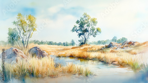 Wallpaper Mural serene watercolor landscape featuring tranquil stream, lush grass, and trees Torontodigital.ca