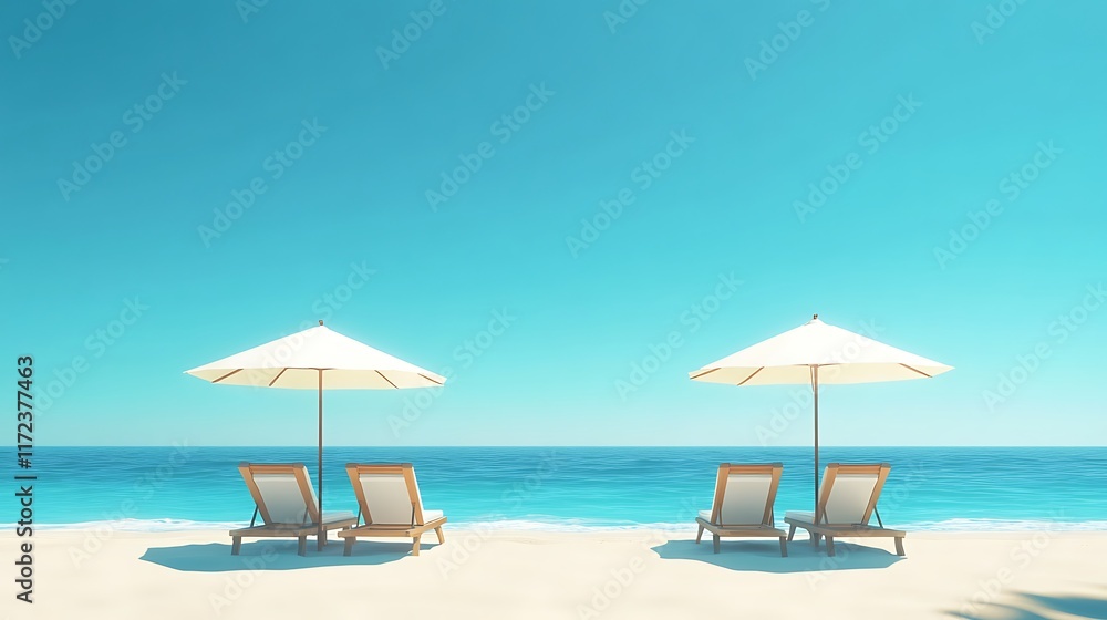 A serene beach scene with two lounge chairs under umbrellas, overlooking the azure ocean on one side and sandy beaches on the other. A serene beach scene with two lounge chairs under umbrellas, overlooking the azure ocean on one side and sandy beaches on the other.