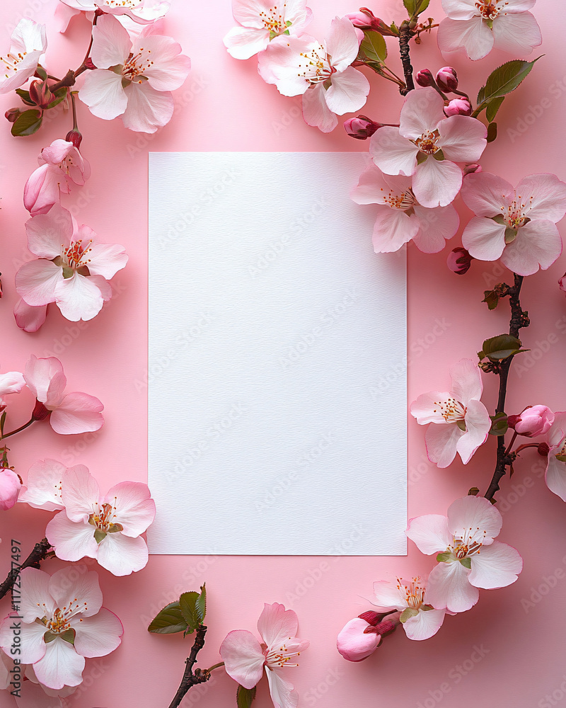 An elegant minimalistic mockup featuring blank white paper surrounded by cherry blossoms, ideal for spring events like Easter, Mother’s Day or Valentine’s marketing. An elegant minimalistic mockup featuring blank white paper surrounded by cherry blossoms, ideal for spring events like Easter, Mother’s Day or Valentine’s marketing.