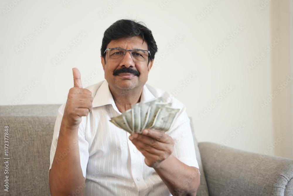 happy mature indian man showing thumbs up or ok sign and currency notes in hand at home while looking at camera. Finance and economy. Income or earning. happy mature indian man showing thumbs up or ok sign and currency notes in hand at home while looking at camera. Finance and economy. Income or earning.