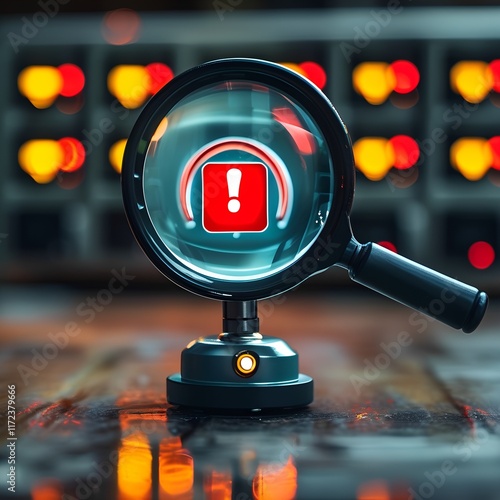 A magnifying glass, rendered in a stylized futuristic manner, rests on a dark, metallic stand.  The glass magnifies a red icon with a yellow exclamation point within a stylized lock, set against a bac photo