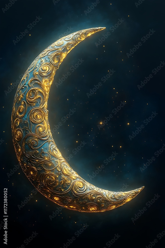 Ornate crescent moon glows in night sky. Ornate crescent moon glows in night sky.