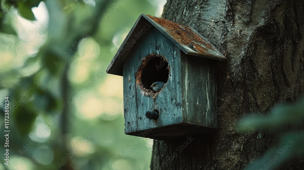 Rustic birdhouse perched on a tree trunk surrounded by greenery in a serene woodland environment