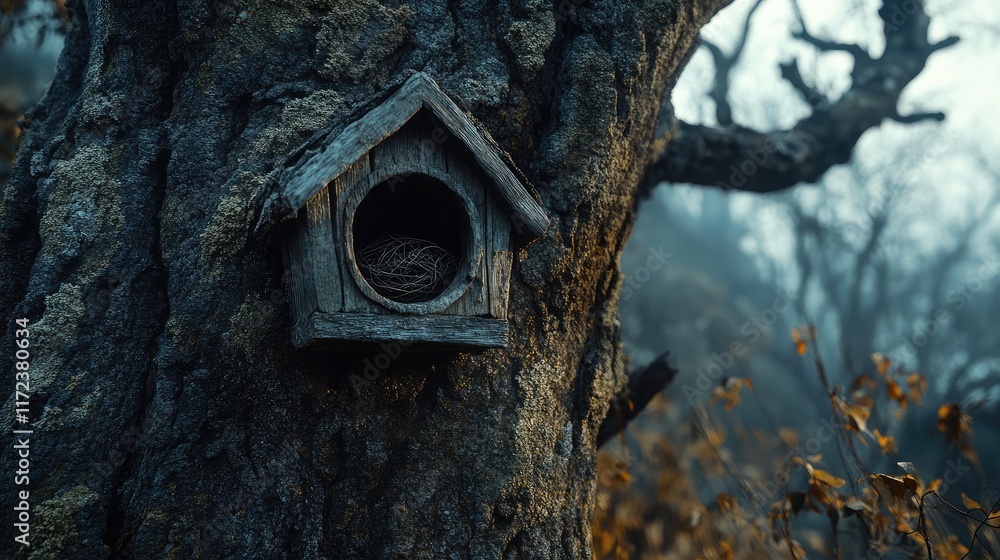 Wooden nest box attached to an ancient tree in a misty forest setting showcasing natural beauty and tranquility of wildlife habitats Wooden nest box attached to an ancient tree in a misty forest setting showcasing natural beauty and tranquility of wildlife habitats
