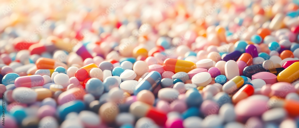 A detailed foreground filled with an assortment of pills, capsules, and vials of medicine, representing a collection of pharmaceutical items in sharp focus A detailed foreground filled with an assortment of pills, capsules, and vials of medicine, representing a collection of pharmaceutical items in sharp focus