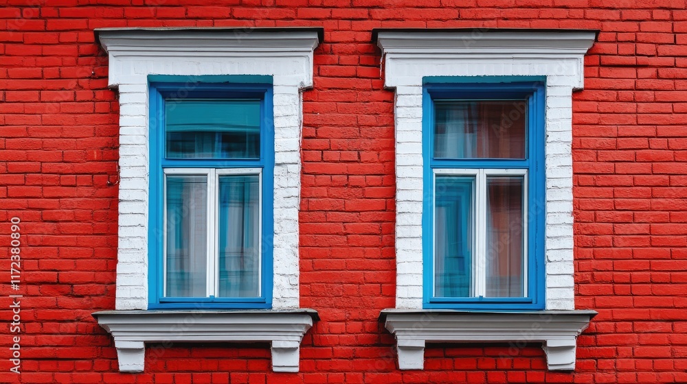 Facade of a historic red and white brick house featuring blue window frames and classic architectural details in urban environment Facade of a historic red and white brick house featuring blue window frames and classic architectural details in urban environment