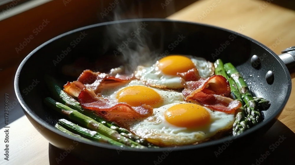 Healthy keto breakfast of fried eggs and bacon with asparagus in a frying pan served with vibrant lighting and rich textures in the kitchen Healthy keto breakfast of fried eggs and bacon with asparagus in a frying pan served with vibrant lighting and rich textures in the kitchen