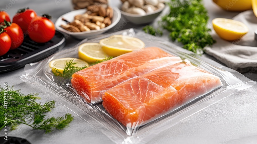 Vacuum Sealed Salmon Fillets with Fresh Herbs and Lemon on Gray Kitchen Countertop Vacuum Sealed Salmon Fillets with Fresh Herbs and Lemon on Gray Kitchen Countertop