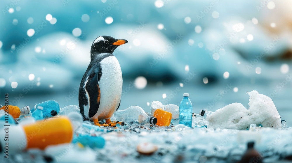 A solitary penguin stands on a polluted beach scattered with plastic debris, showcasing the urgent need for environmental awareness and conservation efforts to protect marine wildlife and ecosystems. A solitary penguin stands on a polluted beach scattered with plastic debris, showcasing the urgent need for environmental awareness and conservation efforts to protect marine wildlife and ecosystems.