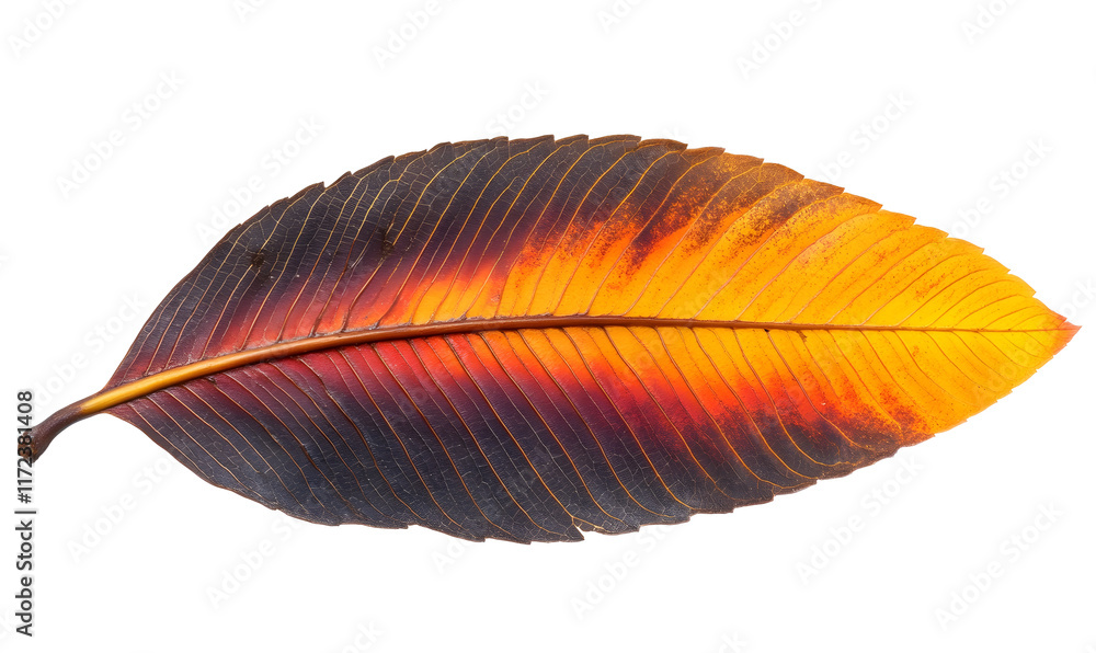 Close-up of a single, vibrant autumn leaf with dark and orange hues, isolated on a black background. Close-up of a single, vibrant autumn leaf with dark and orange hues, isolated on a black background.