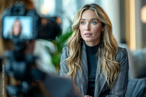 A professional setting capturing a woman in a business suit being filmed, reflecting a modern, empowered female entrepreneur in a corporate environment photo