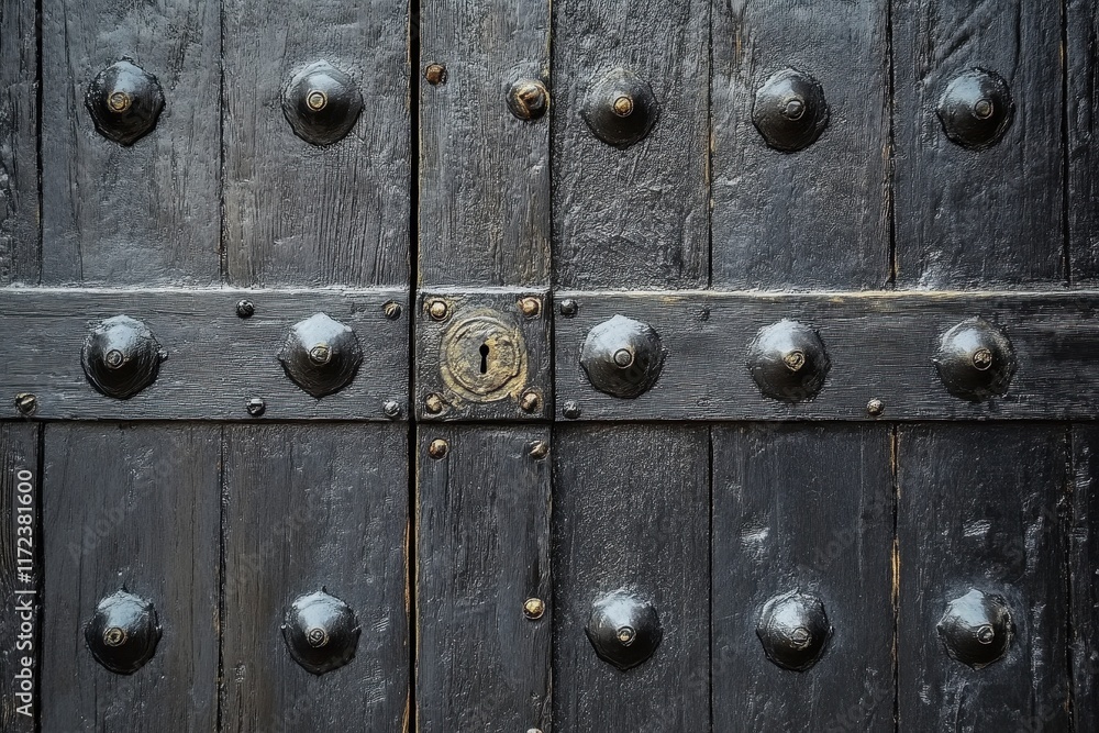 Fototapeta premium Intricate Wooden Door With Ornate Metal Studs and Keyhole in a Vintage Style, Showcasing Craftsmanship and History