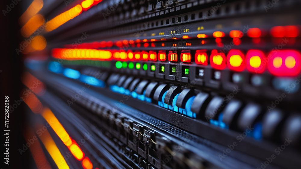 Server Room Glow: Abstract close-up of illuminated server rack, showcasing vibrant LED lights and intricate technological details. Server Room Glow: Abstract close-up of illuminated server rack, showcasing vibrant LED lights and intricate technological details.