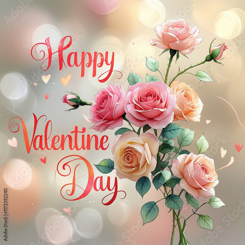  Happy Valentine Day set against a creamy blurred a lush roses of a background