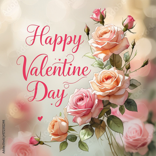  Happy Valentine Day set against a creamy blurred background a bouquet of roses