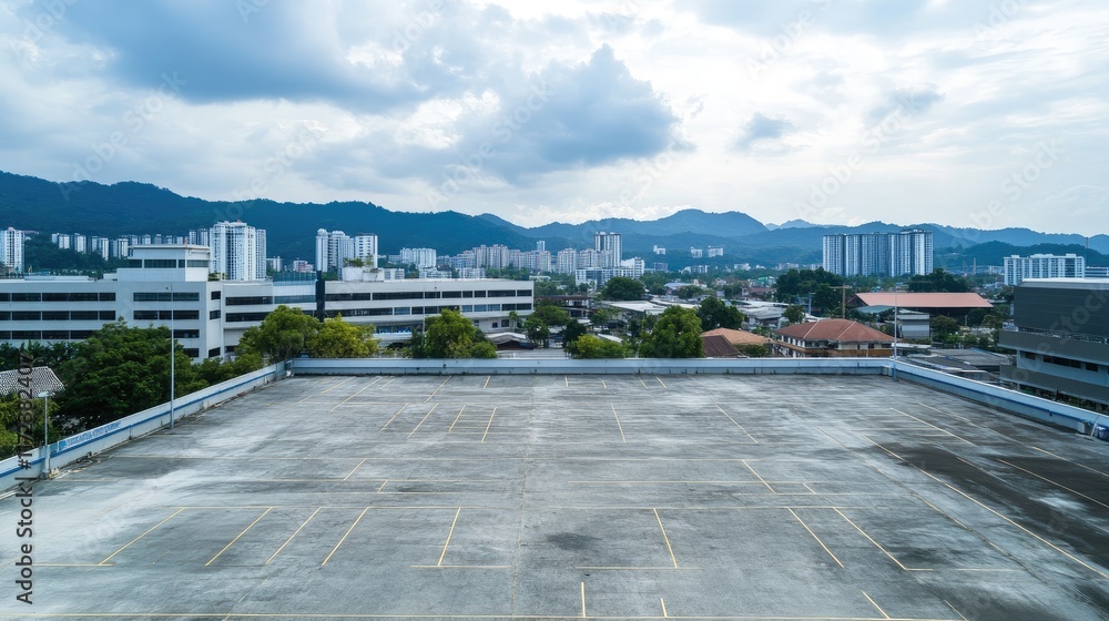 Rooftop Aerial View of Empty Open Air Parking Lot Surrounded by Urban Landscape and Mountains in the Distance Rooftop Aerial View of Empty Open Air Parking Lot Surrounded by Urban Landscape and Mountains in the Distance