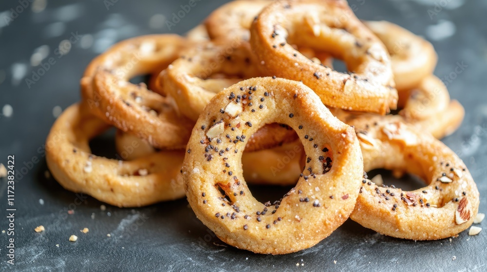 Neapolitan taralli cookies featuring pig suet almonds and black pepper on a rustic surface perfect for culinary photography. Neapolitan taralli cookies featuring pig suet almonds and black pepper on a rustic surface perfect for culinary photography.