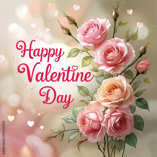  Happy Valentine Day set against a creamy blurred background a lush of roses