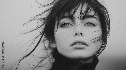 Intense Gaze: A woman's face is framed by windswept hair, her piercing gaze drawing the viewer in. The black and white tones emphasize the raw emotion and vulnerability in her expression.   photo