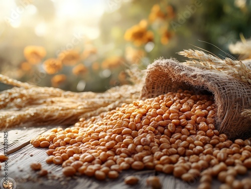 Wallpaper Mural A burlap sack spills golden grains amidst a serene, sunlit field of flowers. Torontodigital.ca