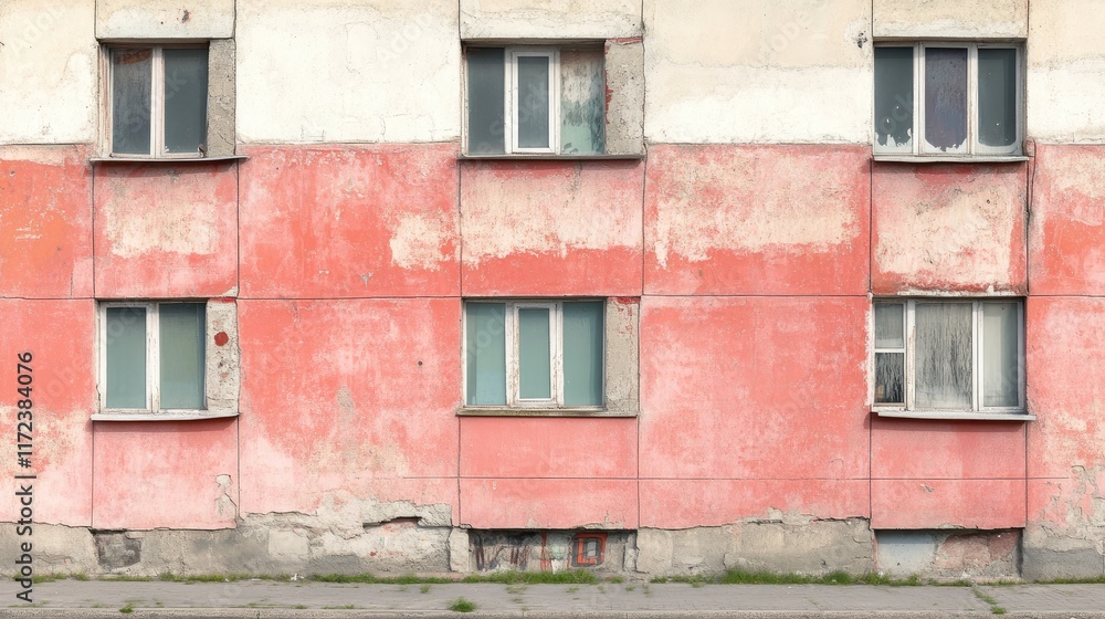 Neglected exterior of a residential townhouse showcasing peeling paint and damaged windows in an urban environment. Neglected exterior of a residential townhouse showcasing peeling paint and damaged windows in an urban environment.