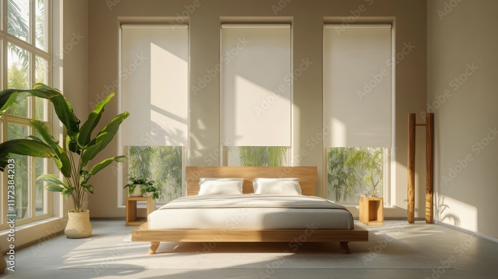 Fototapeta premium Sunlit minimalist bedroom, large windows, plants, calm ambiance, interior design