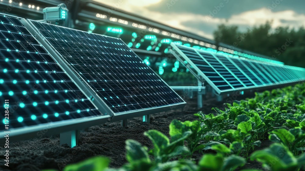 Fototapeta premium solar energy systems integrated into an agricultural field, vibrant greenery, advanced technology, and glowing operational displays