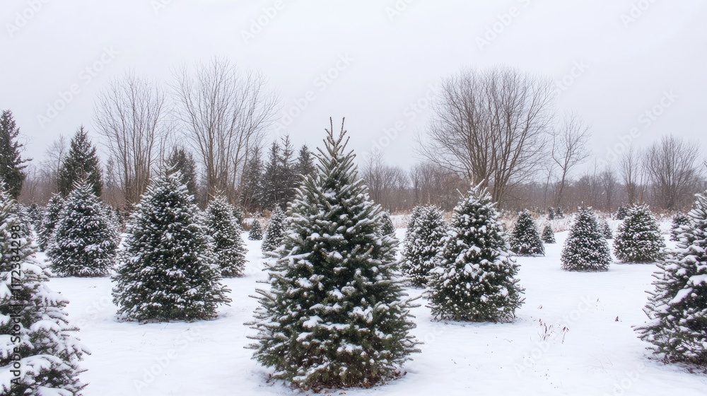 Fototapeta premium Christmas Trees Blanketed in Snow on a Winter Landscape with Overcast Sky and Bare Trees in the Background